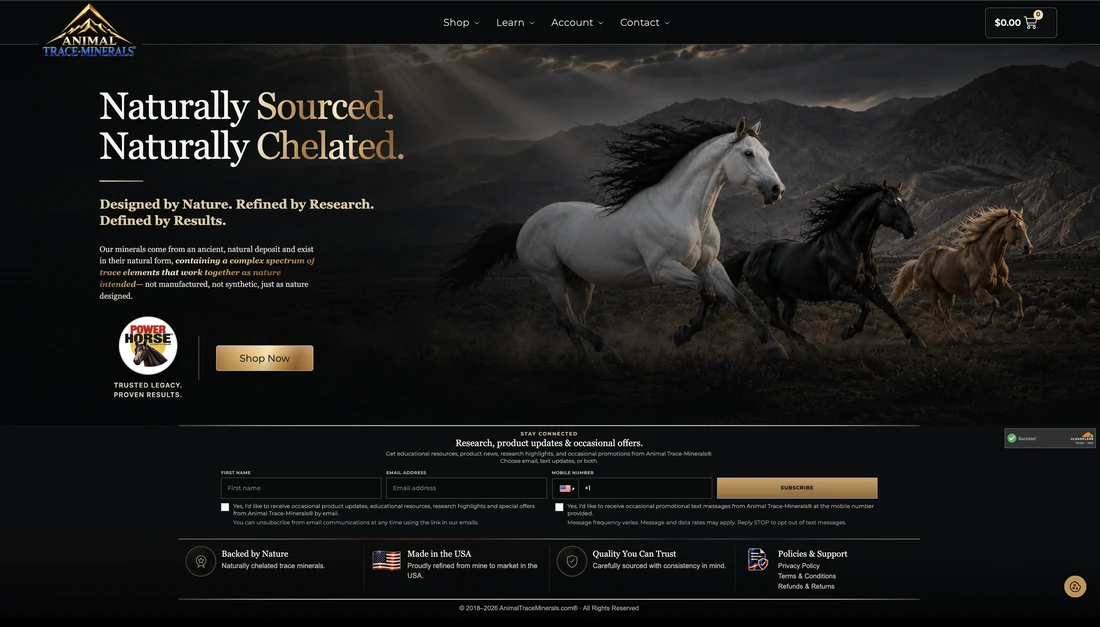 Animal Trace Minerals homepage, featuring three horses and the Naturally Sourced, Naturally Chelated headline